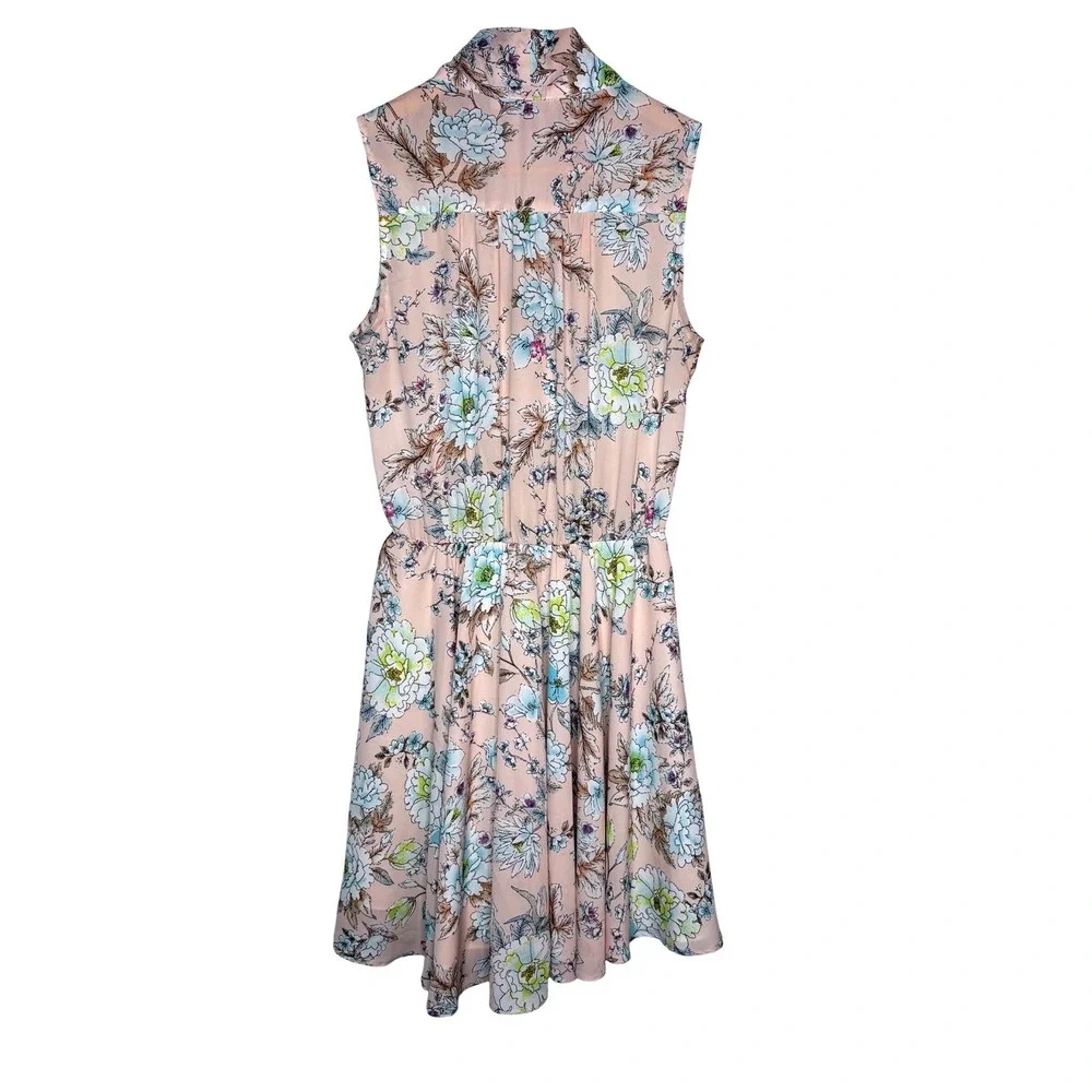Molly Bracken Floral Tie Neck Mini Dress Womens Size S Pink Sleeveless Fit Flare